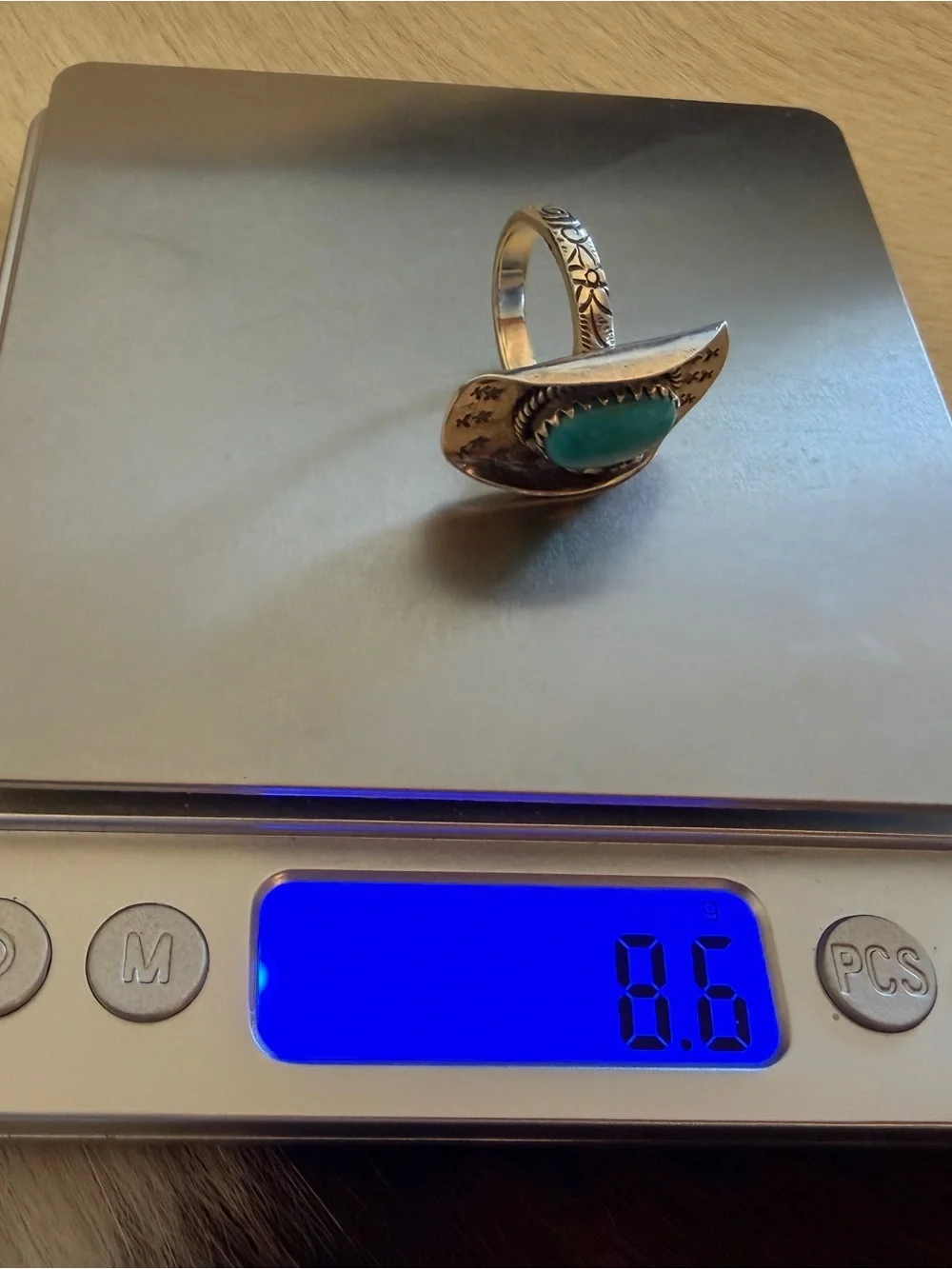 ❤️ Kingman Turquoise Cowgirl Cowboy Hat Hand Stamped Sterling 925 Ring Sz 6.25